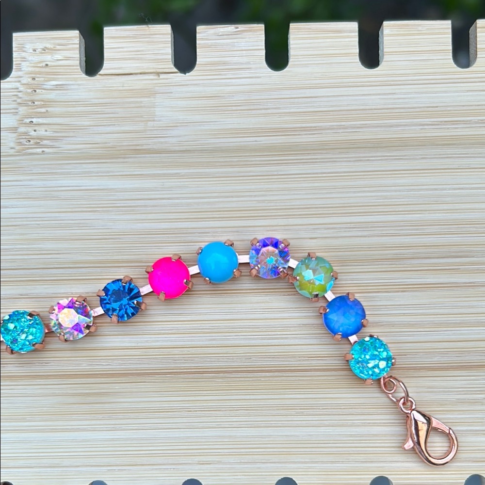 Sapphire Aurora Borealis + Fuchsia Hot Pink “Lillie” Crystal Tennis Bracelet - Picture 6 of 14